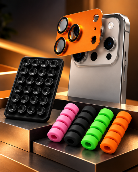 3-in-1 Mobile Accessories Combo – Camera Lens Protector, Silicone Suction Pad & Cable Organizers