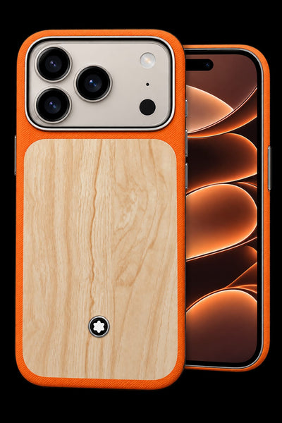Premium Orange Leather & Natural Wood Finish Case for iPhone 17 Pro Max