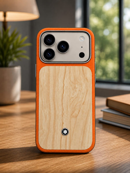 Premium Orange Leather & Natural Wood Finish Case for iPhone 17 Pro Max